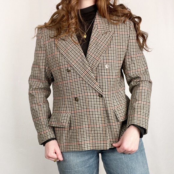 Vintage Oversized Double Breasted Houndstooth Plaid Wool Knit Blazer Jacket Coat - Picture 3 of 7